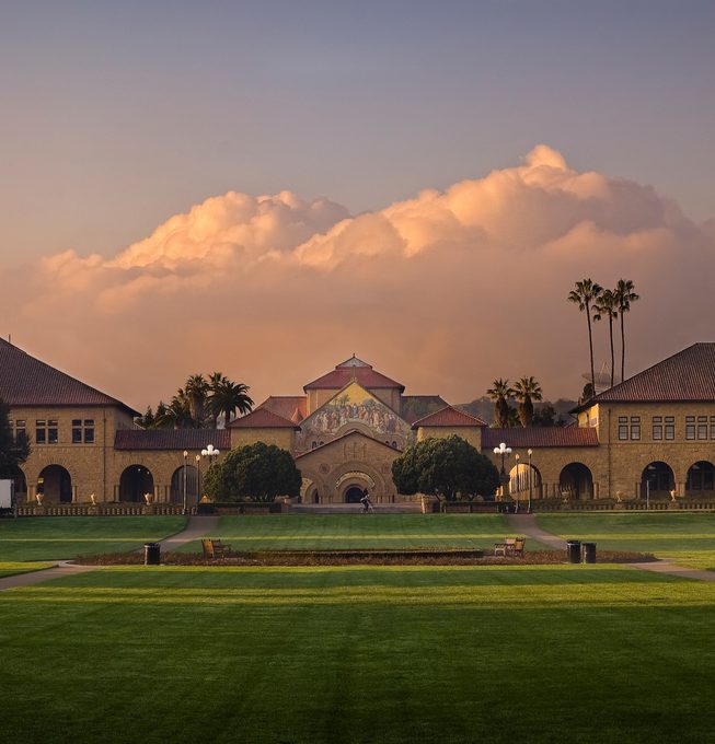 Stanford University bathed in the soft light of sunset